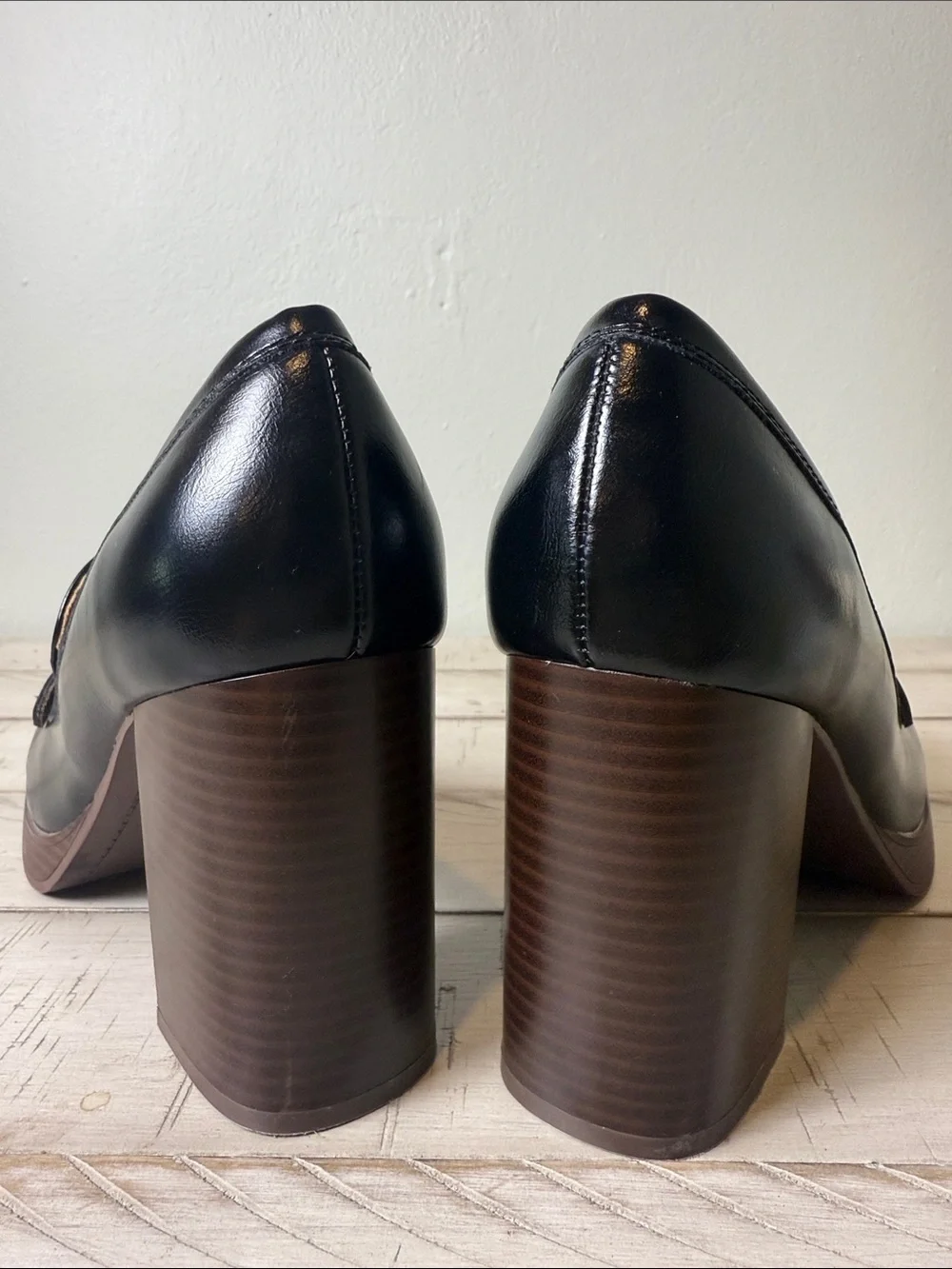 Nine West Chunky Black Square Toe Loafer Style Platform Shoes Size 8.5